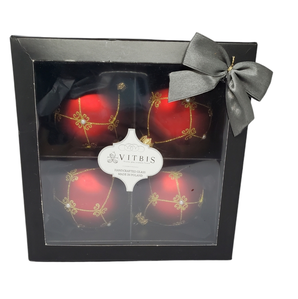 Vitbis Red With Gold Glittery Lattice Pearl Glass Christmas Ornaments 3โ Set 4 - Picture 1 of 9